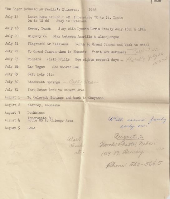 Typed itinerary for the 1966 road trip