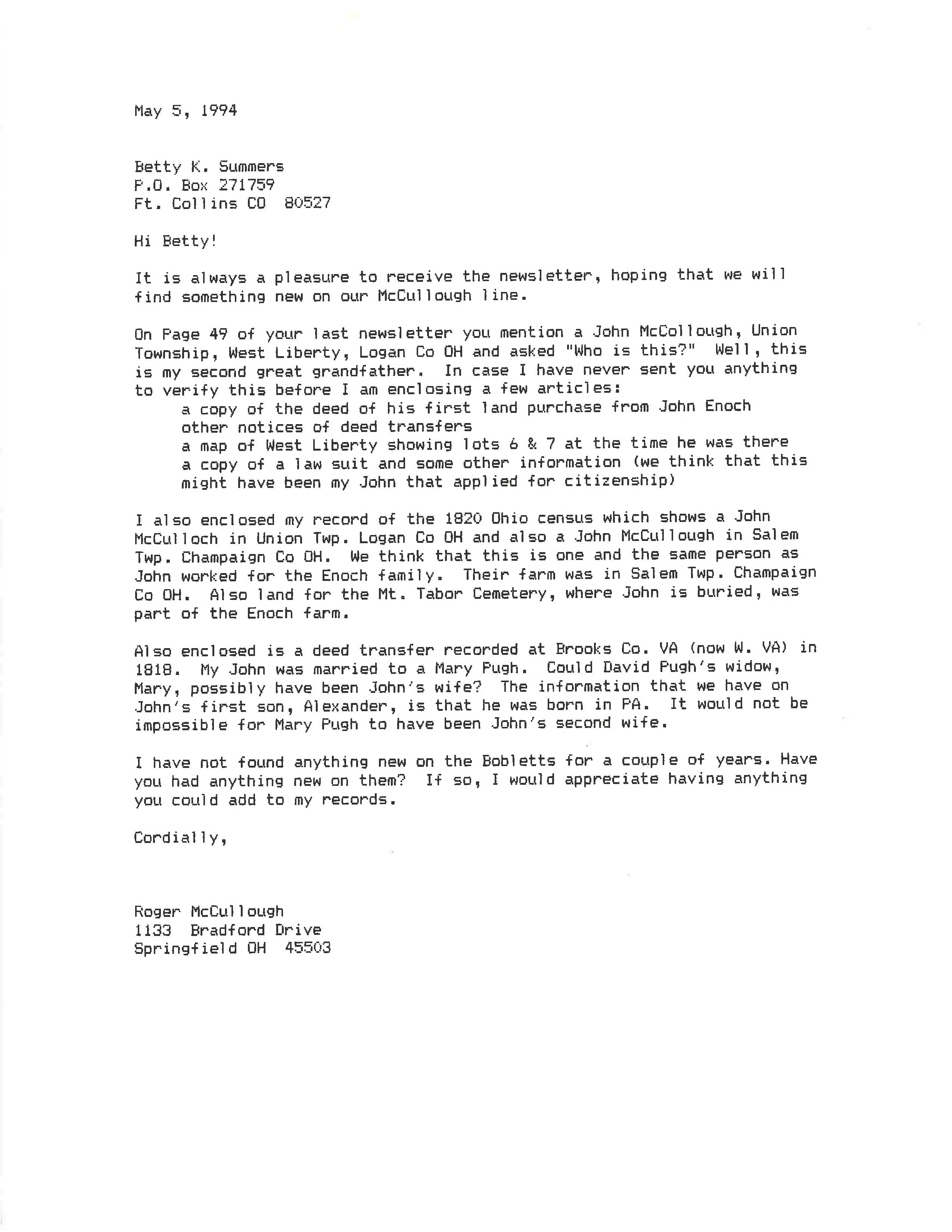 Research letter from J.L. Sterritt, 1998