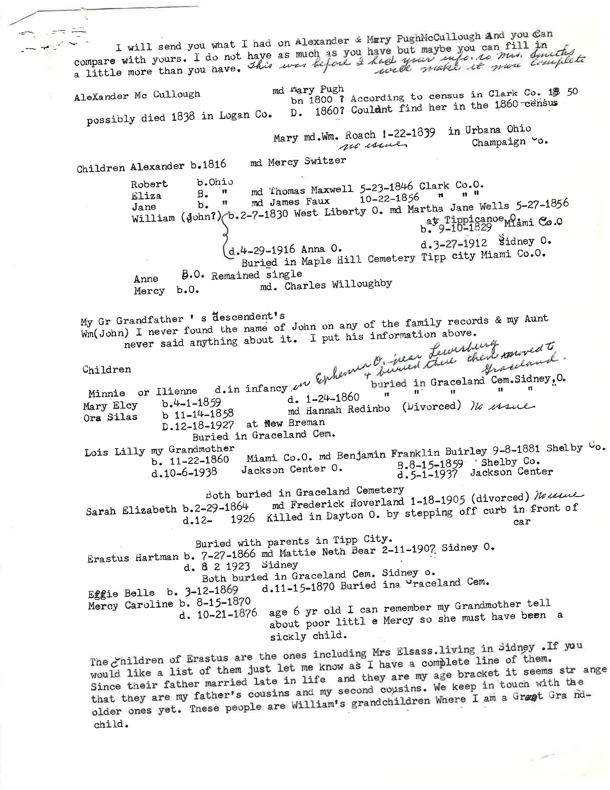 Handwritten family summary of McColloch descendants