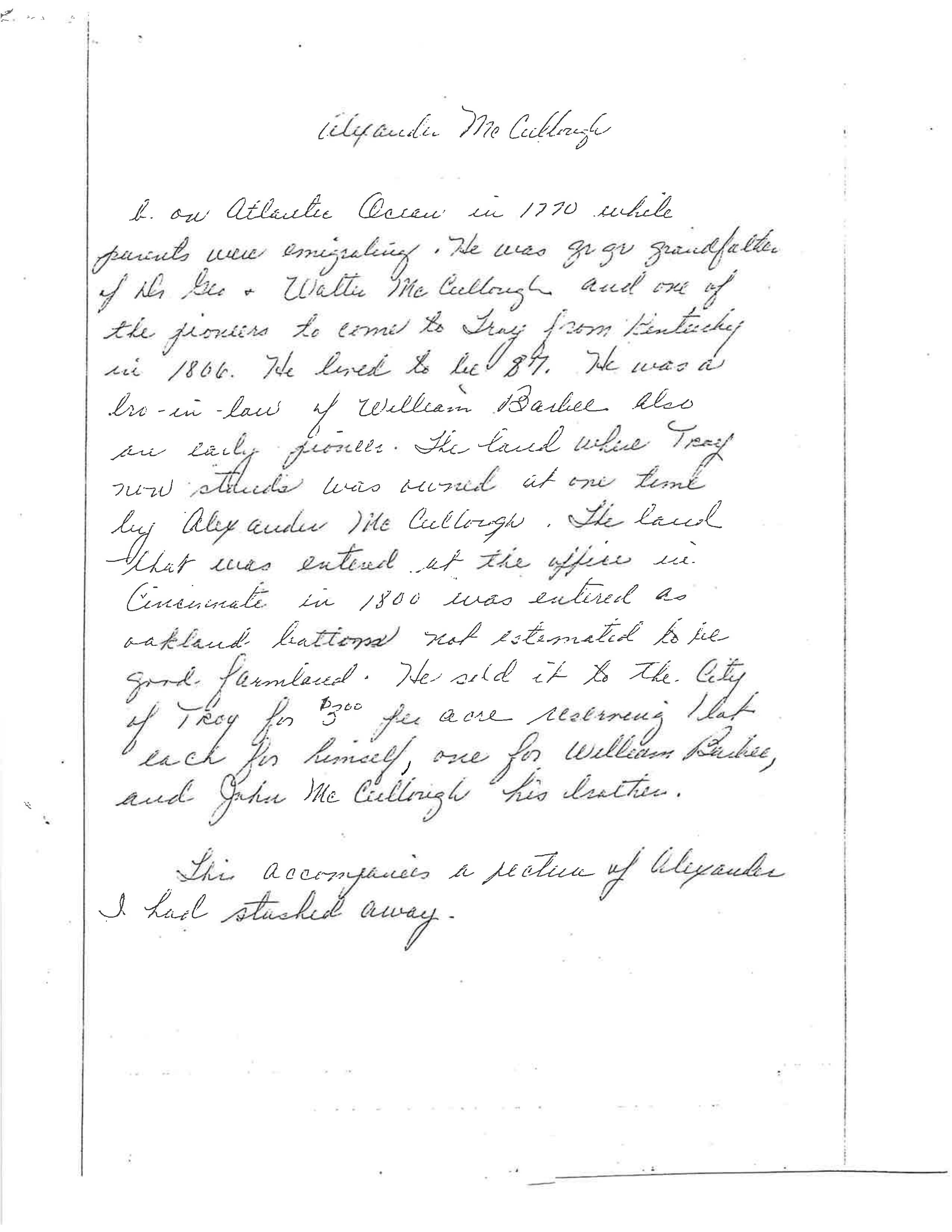 Record of Alexander McCullough, Troy pioneer